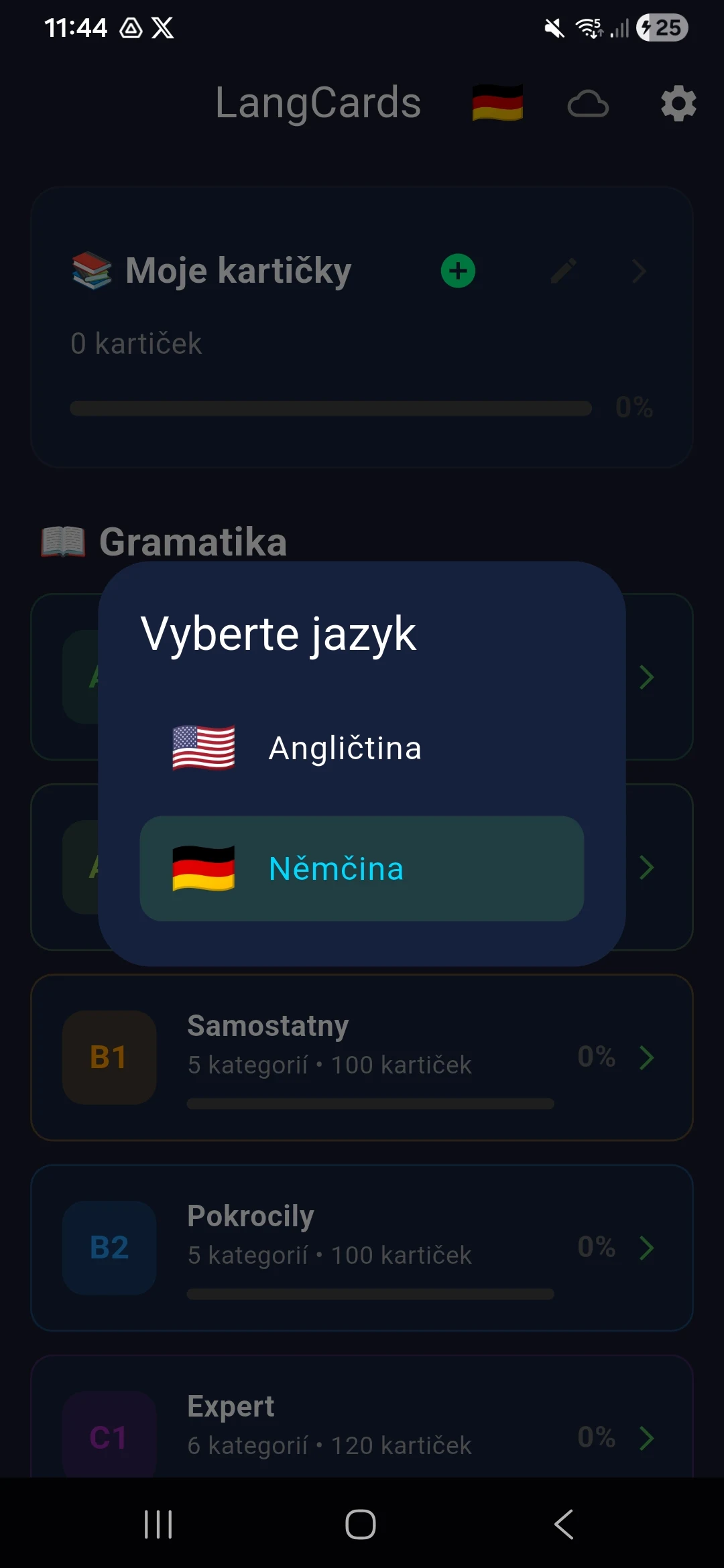 LangCards: přehled lekcí a výběr jazyka